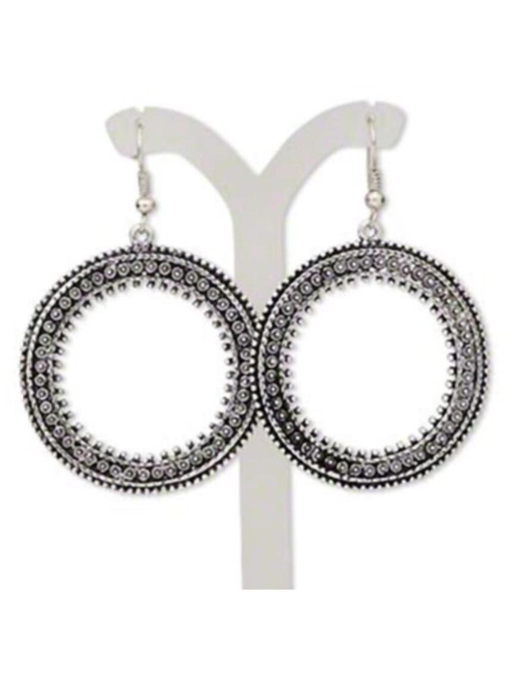 Antiqued Silver Pewter Gothic Dotted Open Hoop Ethnic Style Dangle Earrings